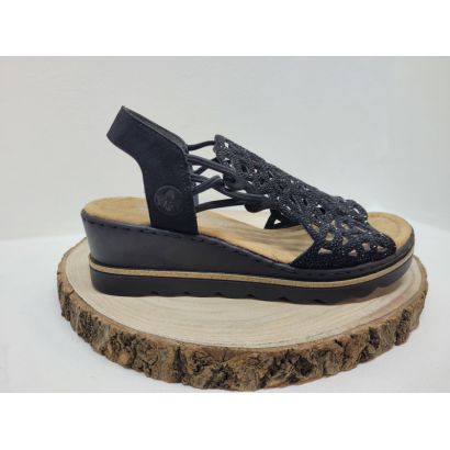 Nu-pied compensé noir perforé sur le dessus avec strassRieker