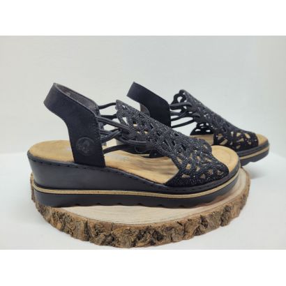 Nu-pied compensé noir perforé sur le dessus avec strassRieker