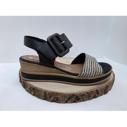 Nu-pied compensé noir avec bride moucheté noir et blanc 1 velcro + boucle Remonte