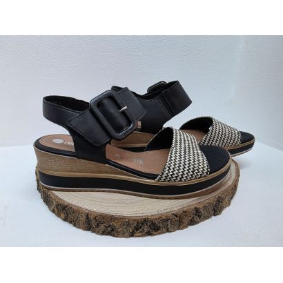 Nu-pied compensé noir avec bride moucheté noir et blanc 1 velcro + boucle Remonte