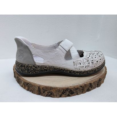 Sandale fermé blanche imprimé perforé avec élastique semelle moucheté Rieker