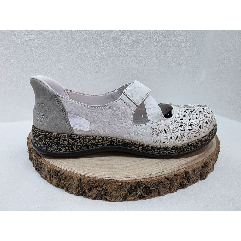 Sandale fermé blanche imprimé perforé avec élastique semelle moucheté Rieker