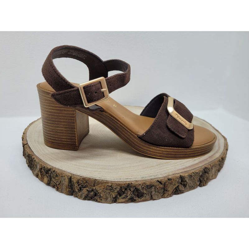 Nu-pieds a talon marron avec deux boucles doré carrée Tamaris 