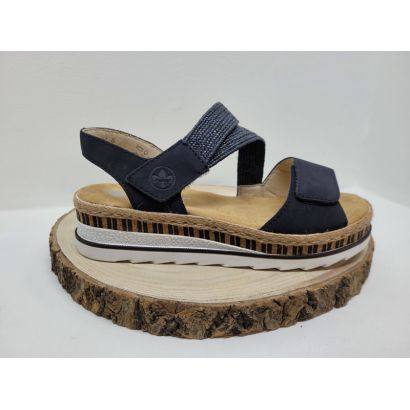 Nu-pied bleu 2 velcros petit compensé semelle blanche et liège fantaisie Rieker