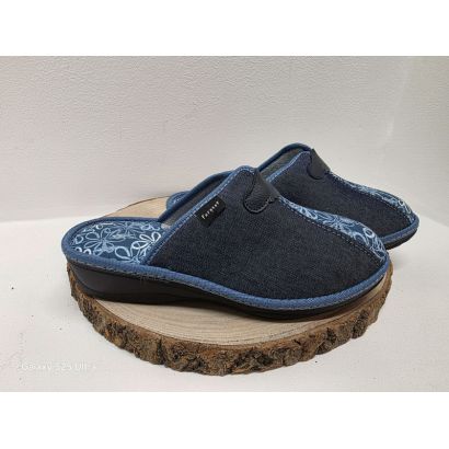 Mule compensée bleu avec fleurs au centre Fargeot 