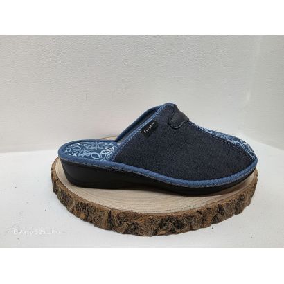 Mule compensée bleu avec fleurs au centre Fargeot 