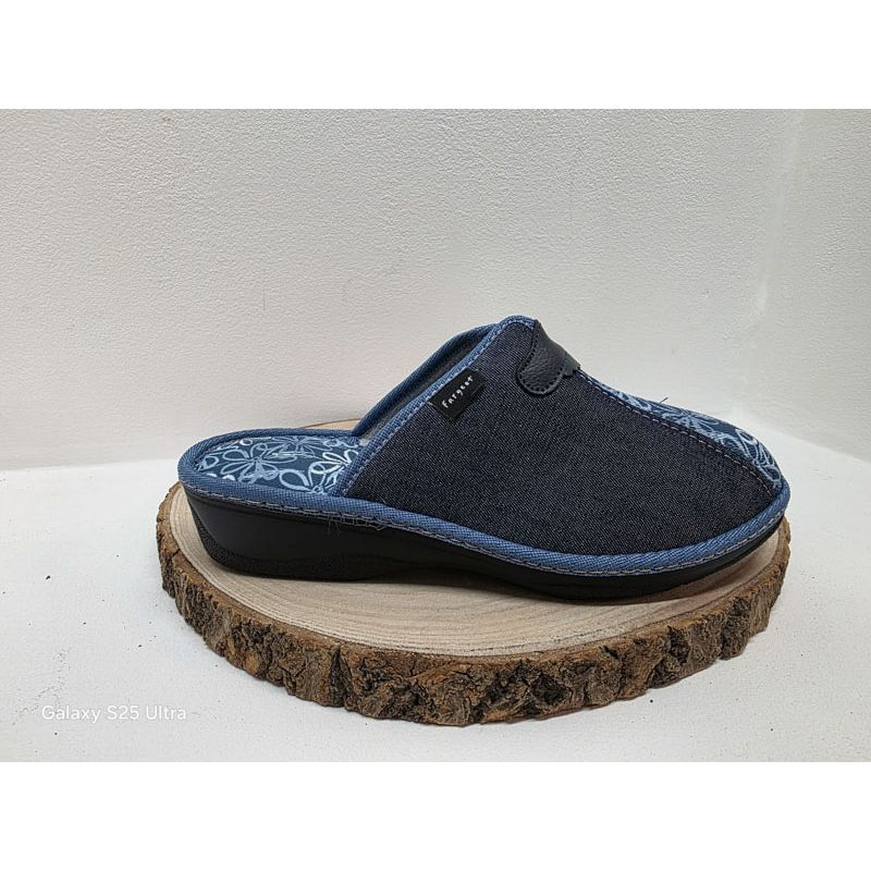 Mule compensée bleu avec fleurs au centre Fargeot 