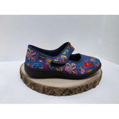 Ballerine à bride un velcro fleurie jeans et multicolore Fargeot 