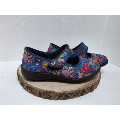 Ballerine à bride un velcro fleurie jeans et multicolore Fargeot 