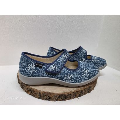 Ballerine avec un velcro bleu clair avec fleurs Fargeot