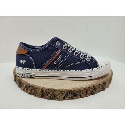 Basket plate bleu foncé lacet bleu et blanc Mustang 