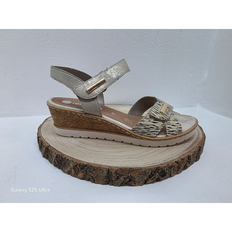 nu-pied compensé avec deux velcros beige et trait or sur le devant remonte 