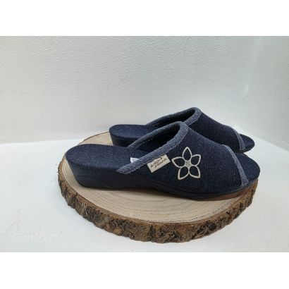Mule bleu foncé compensé avec motif fleur Maison de l'espadrille