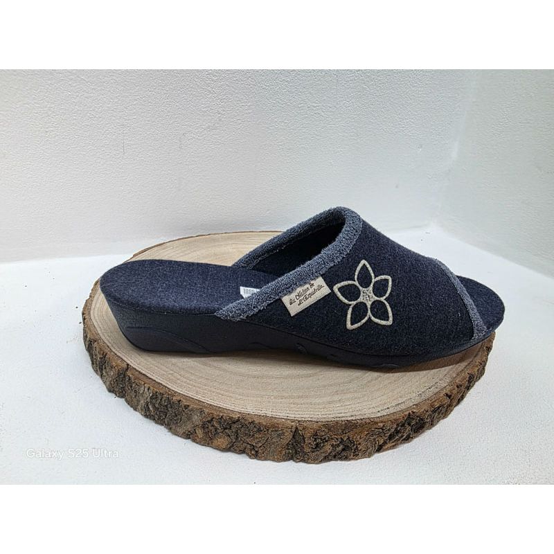 Mule bleu foncé compensé avec motif fleur Maison de l'espadrille