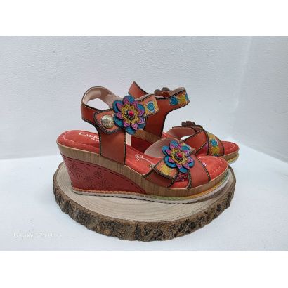 Nu-pieds compensé orange avec 2 velcros et semelle bleu Laura Vita