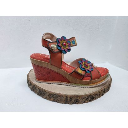 Nu-pieds compensé orange avec 2 velcros et semelle bleu Laura Vita