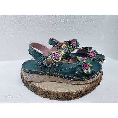 Nu-pieds plat bleu turquoise avec 2 velcros rose et des fleurs Laura Vita