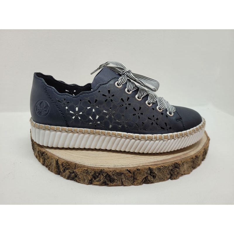 Basket plate noire perforé avec lacets rayé Rieker