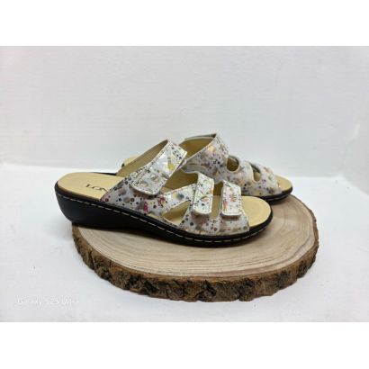 Mule 3 velcros blanche avec imprimé avec ronds brillants Longo