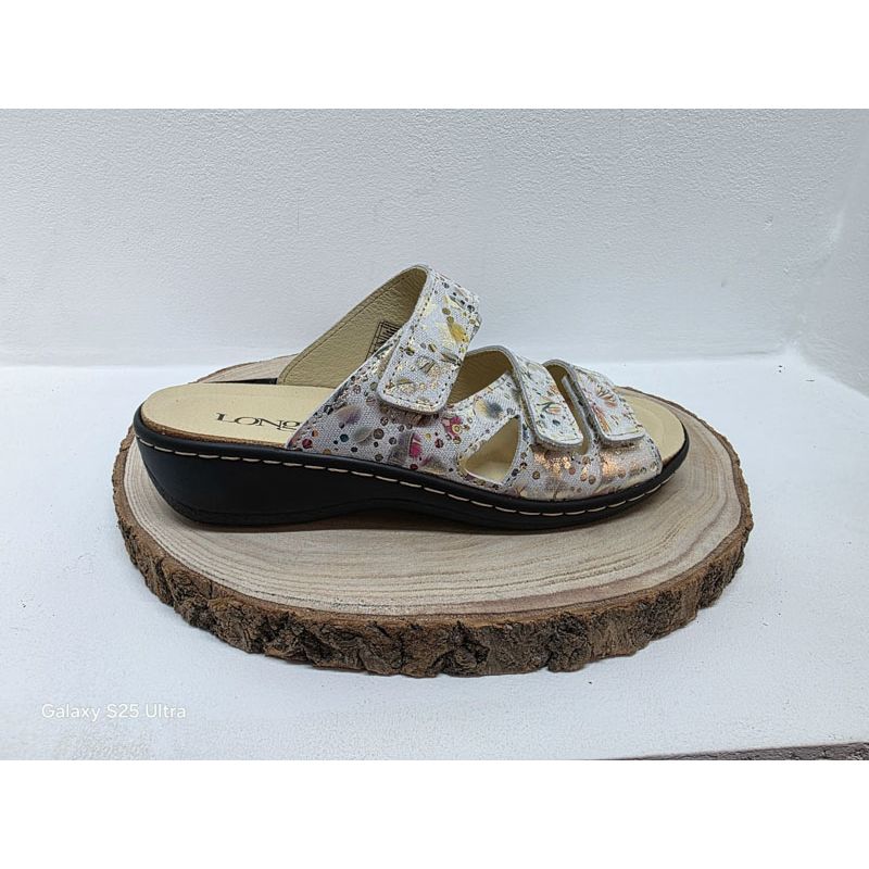 Mule 3 velcros blanche avec imprimé avec ronds brillants Longo