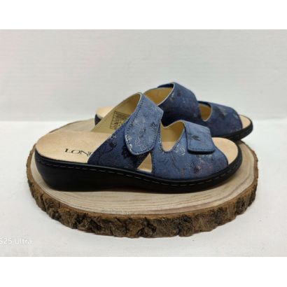Mule bleu 2 velcros avec imprimé argent Longo