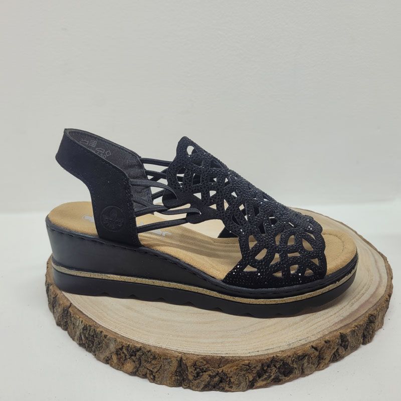 Nu-pied compensé noir perforé sur le dessus avec strassRieker