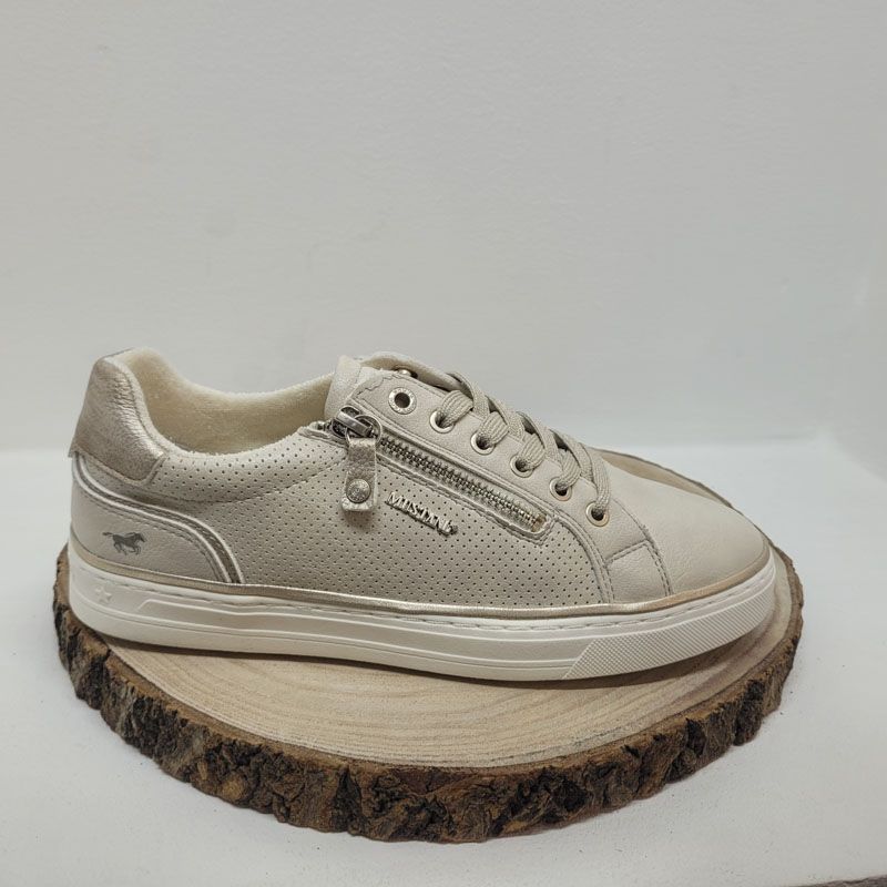 Basket plate beige crème avec talon rosé et zip Mustang