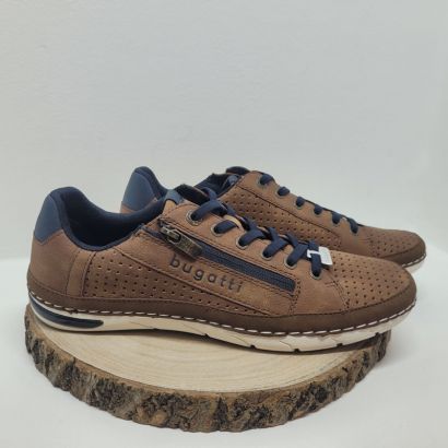 Basket cognac perforé avec zip lacet bleu Bugatti