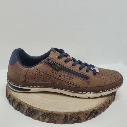 Basket cognac perforé avec zip lacet bleu Bugatti