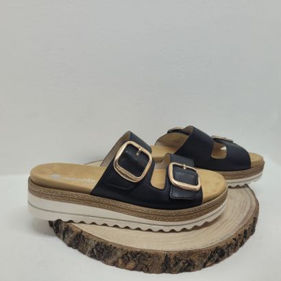 Mule deux brides compensée noir boucle doré sur chaque bride Remonte 