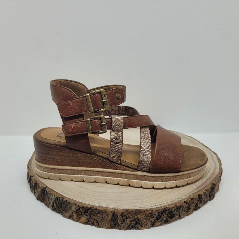 Nu-pieds compensé avec bandes brun Mustang