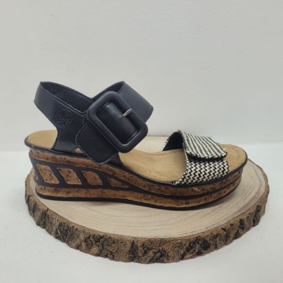 Nu-pied compensé avec 2 velcros à l'avant noir et blanc Rieker