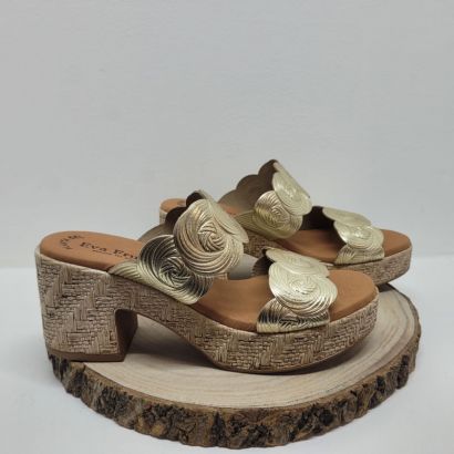 Mule a talon décroché or avec 2 brides et motif Eva frutos