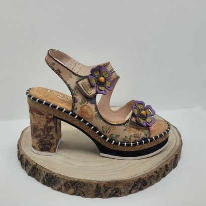 Nu-pieds beige talon décroché avec fleurs deux velcros et imprimé Laura Vita