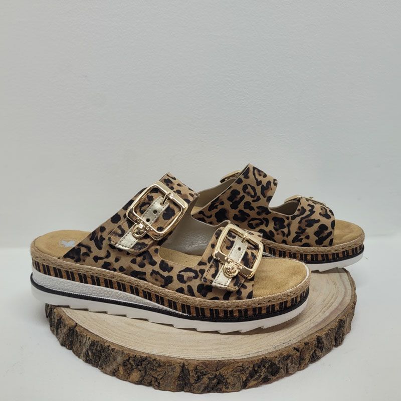 Mule plate semelle épaisse 2 velcros léopard Rieker