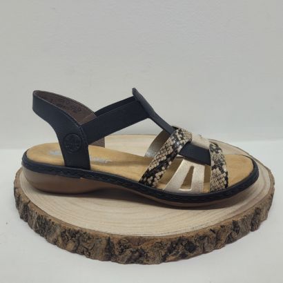 nu-pied plat avec brides élastiques noir, or et piton Rieker