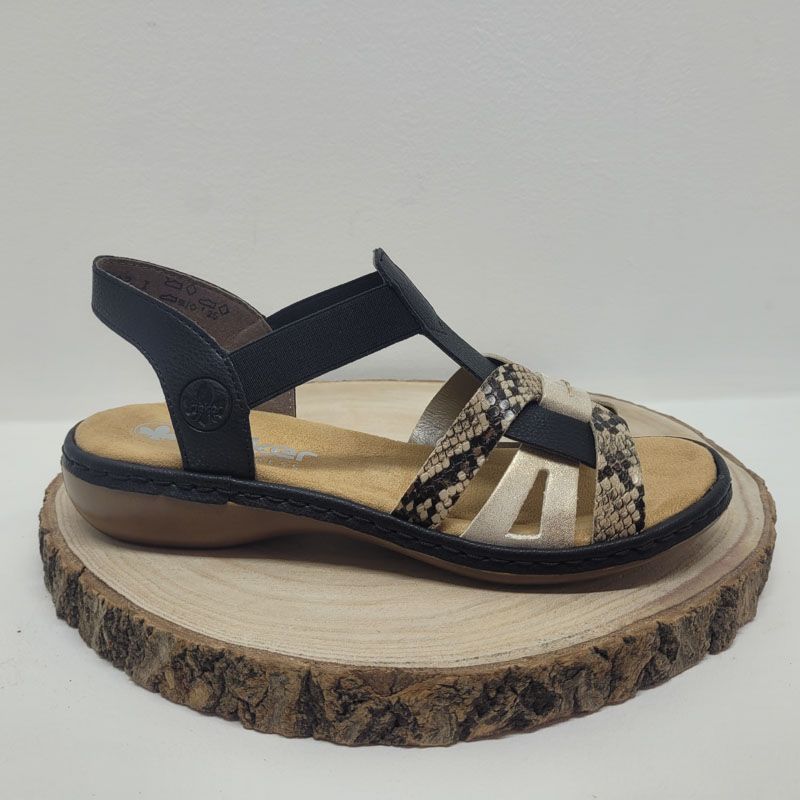 nu-pied plat avec brides élastiques noir, or et piton Rieker