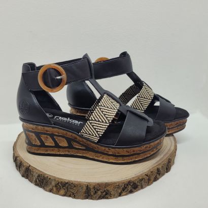 Nu-pied compensé fermé à l'arrière noir 1 velcro bande zebre à l'avant Rieker