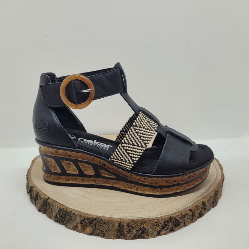 Nu-pied compensé fermé à l'arrière noir 1 velcro bande zebre à l'avant Rieker