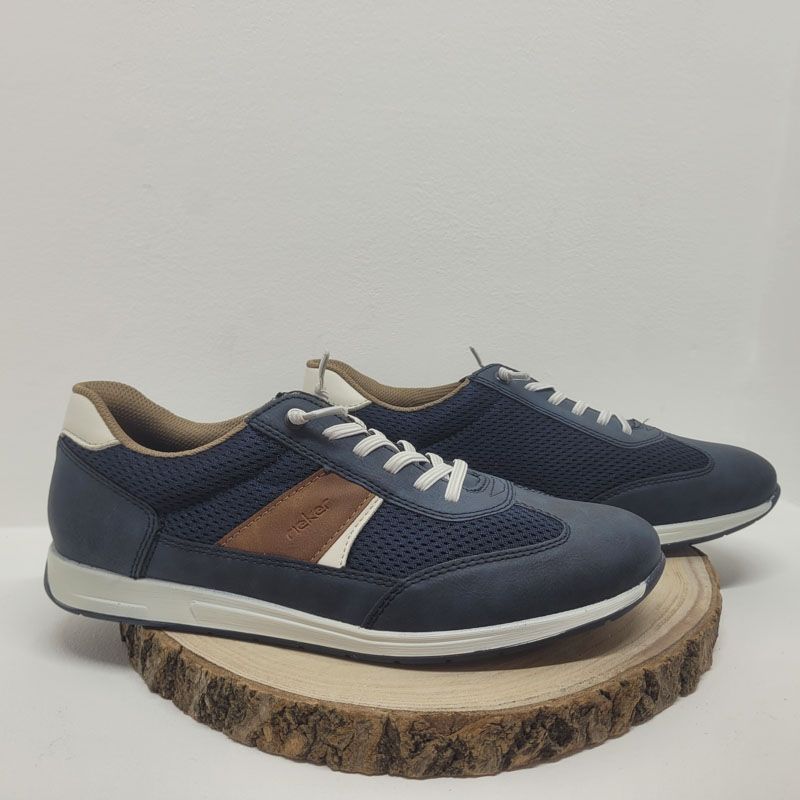 Basket plate bleu marine, marron avec lacets élastiques Rieker