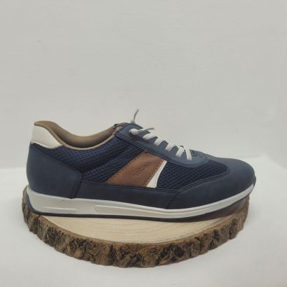 Basket plate bleu marine, marron avec lacets élastiques Rieker