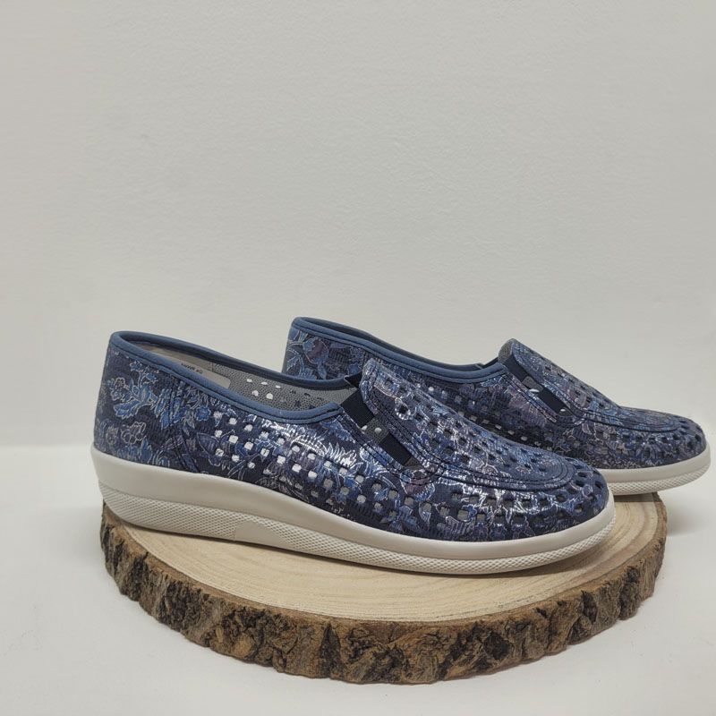 Mocassin perforé bleu jeans imprimé Longo