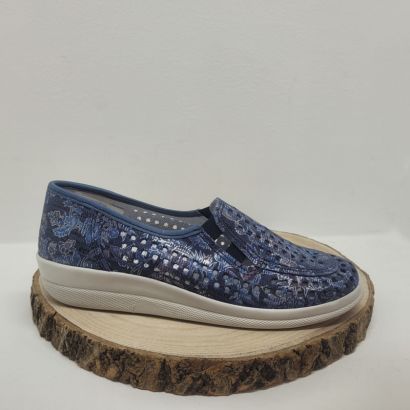 Mocassin perforé bleu jeans imprimé Longo