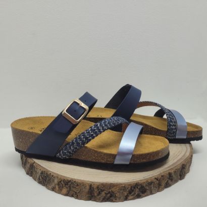 Mule bleu avec trois bandes et tresse doréeArima