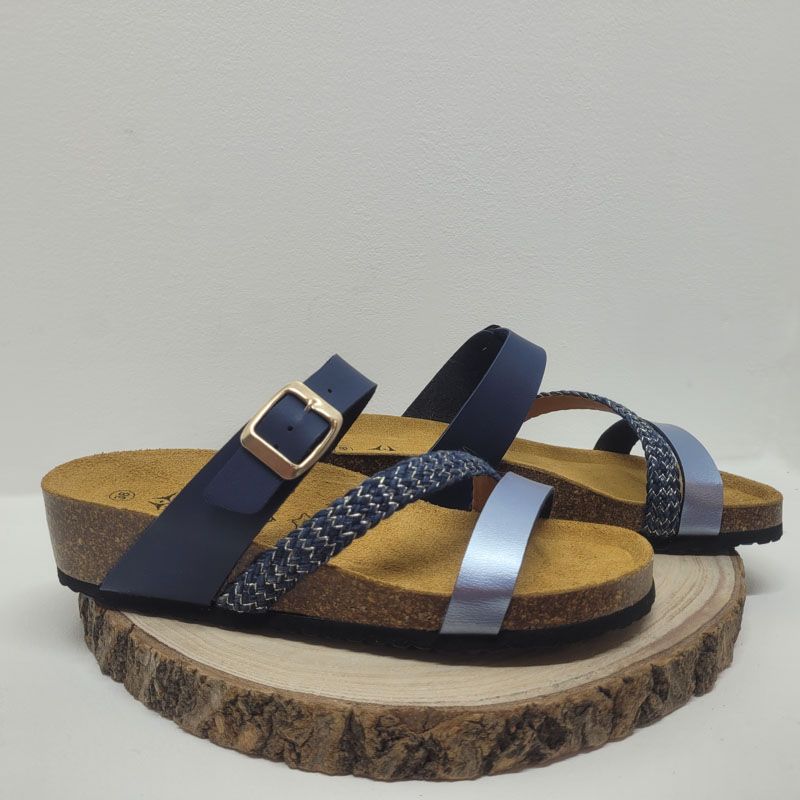 Mule bleu avec trois bandes et tresse doréeArima