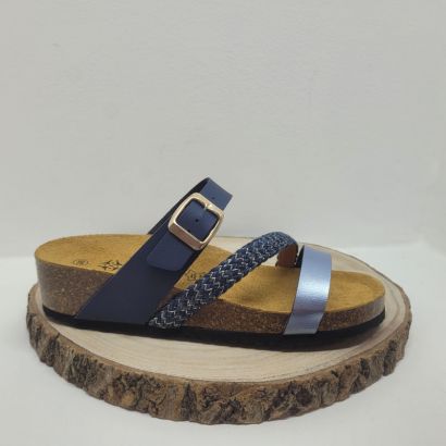 Mule bleu avec trois bandes et tresse doréeArima
