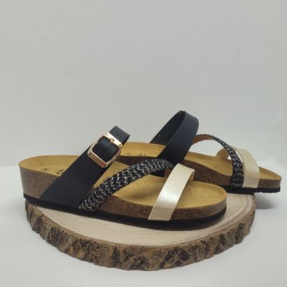 Mule noire avec trois bandes et tresse doréeArima 