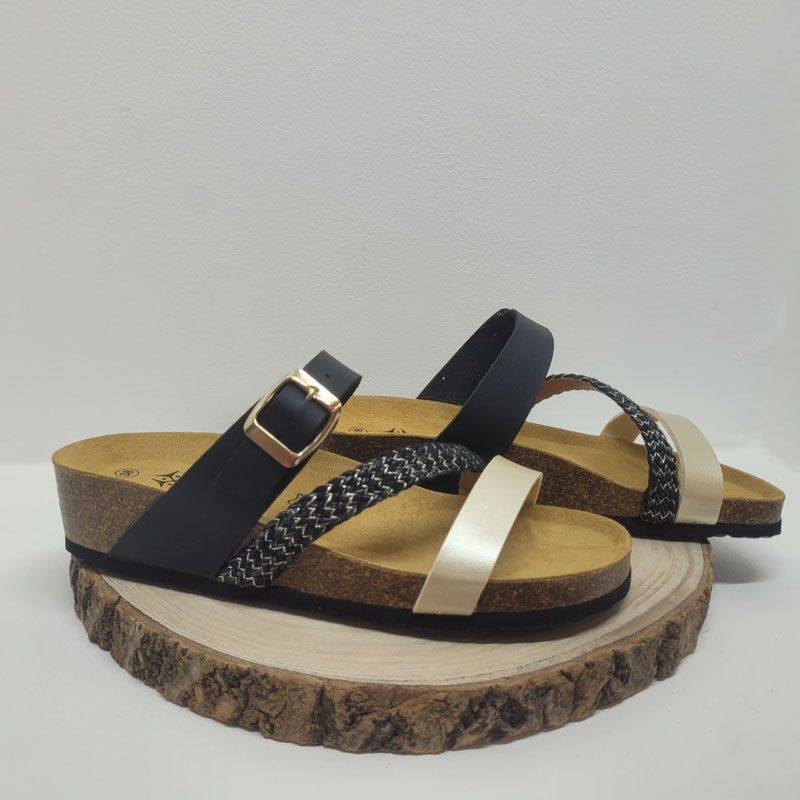 Mule noire avec trois bandes et tresse doréeArima 