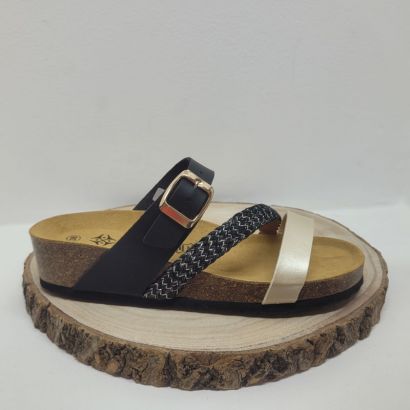 Mule noire avec trois bandes et tresse doréeArima 