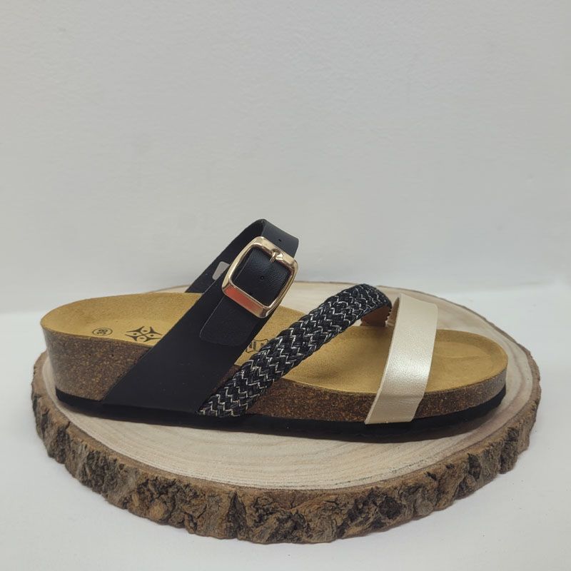 Mule noire avec trois bandes et tresse doréeArima 